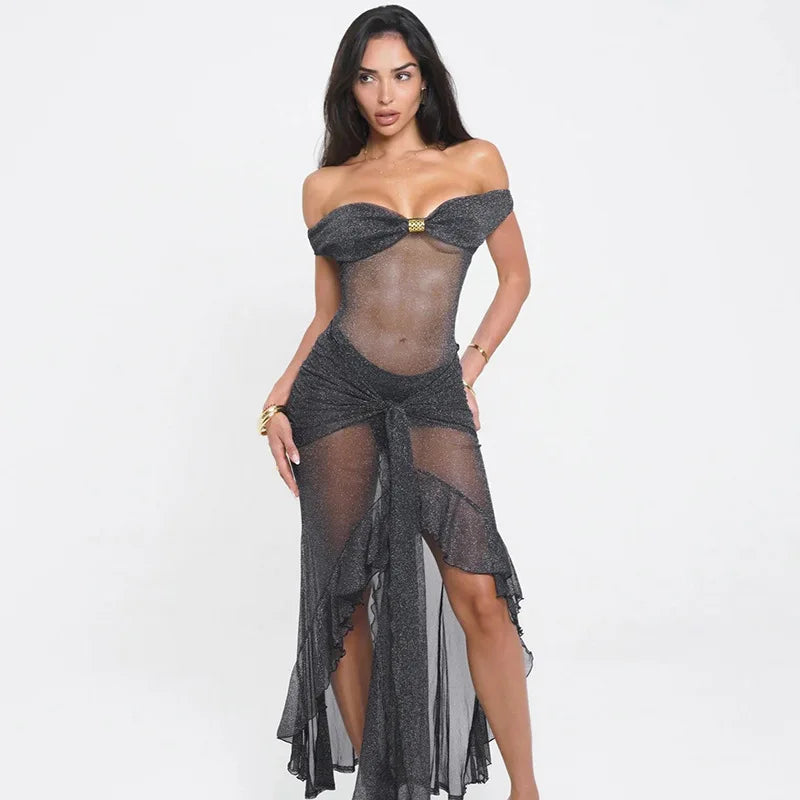 Sheer Glitter Cutout Maxi Dress