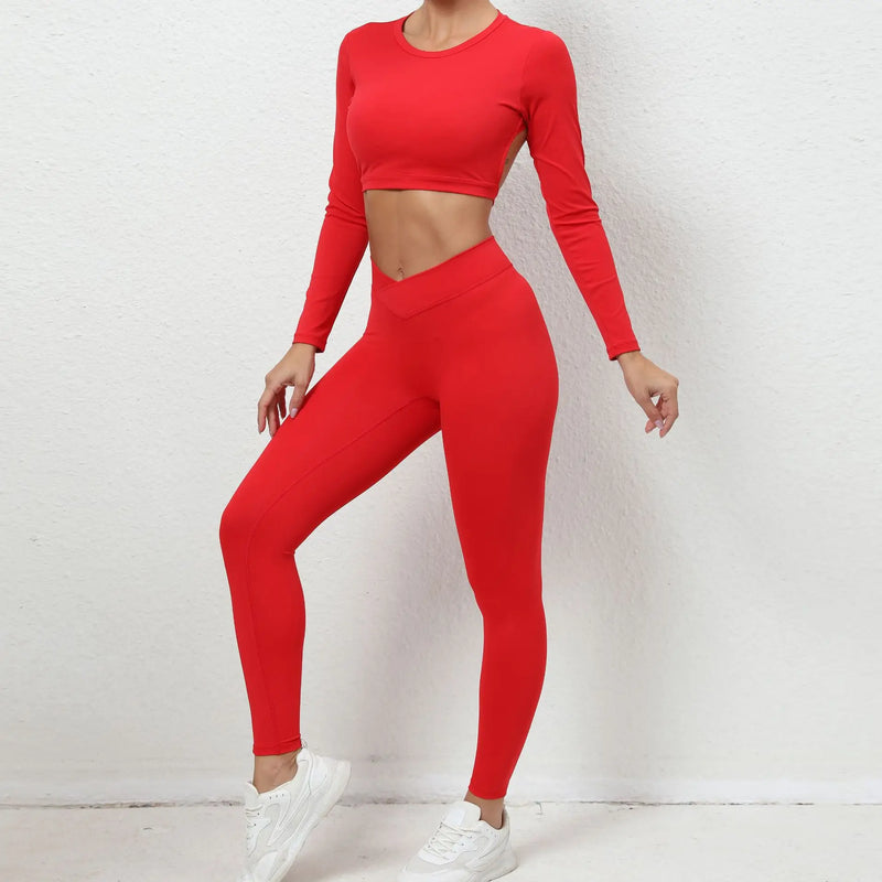 Open Back Long Sleeve & Ruched Leggings Set