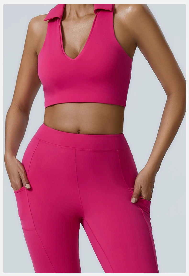 Collared V-Neck Crop Top & Pocket Leggings Set