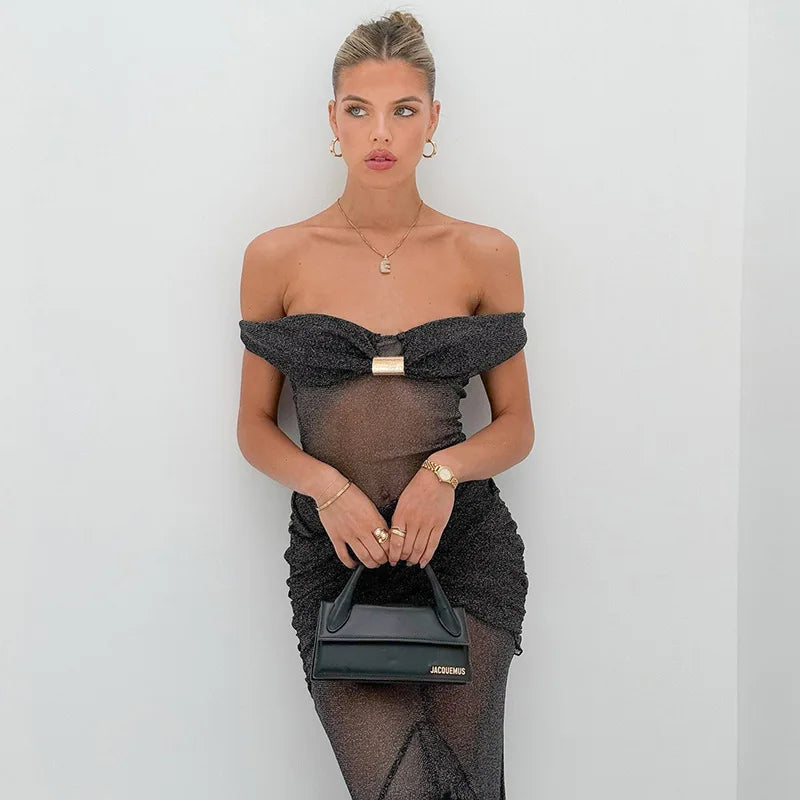 Sheer Glitter Cutout Maxi Dress