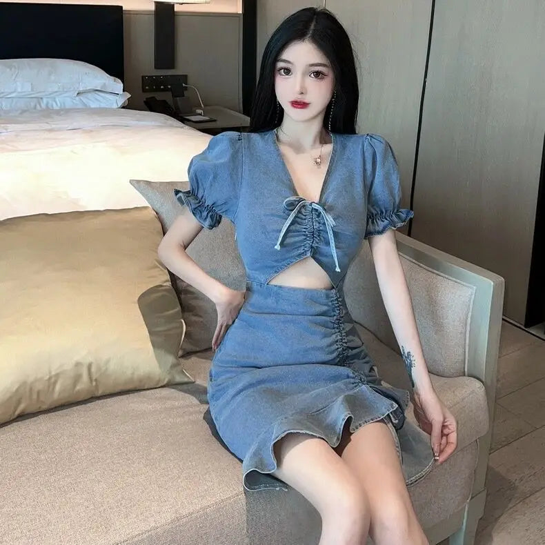 Lace-Up Cutout Denim Mini Dress