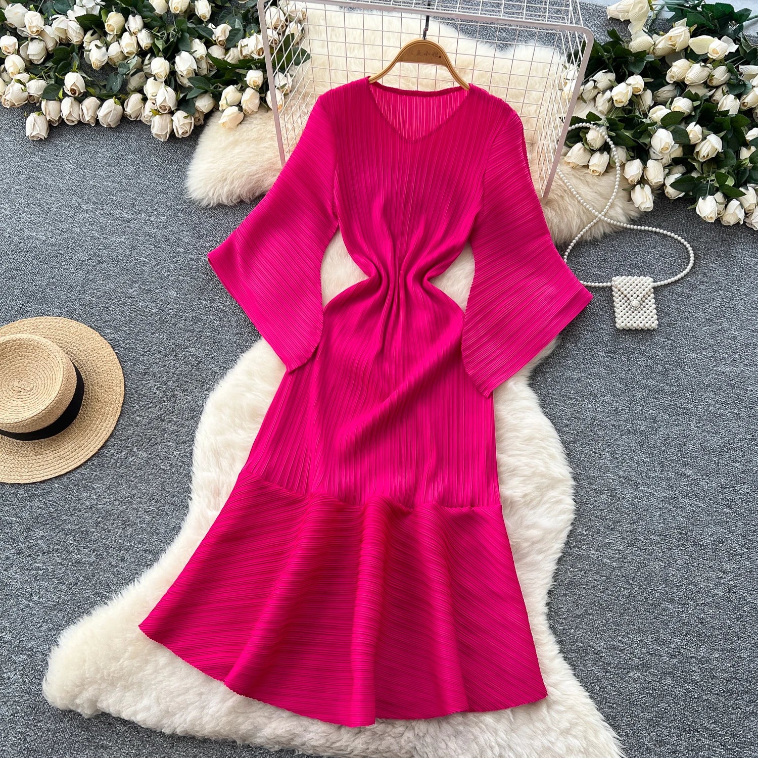 Pleated Flare Sleeve Midi Dress