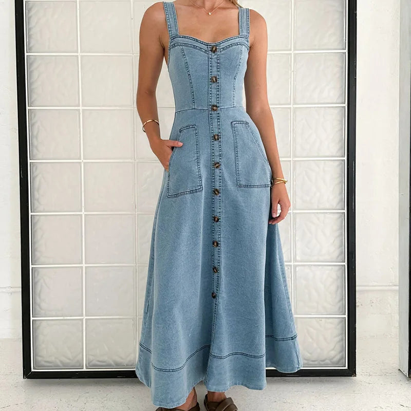 Light Denim Front-Slit Dress