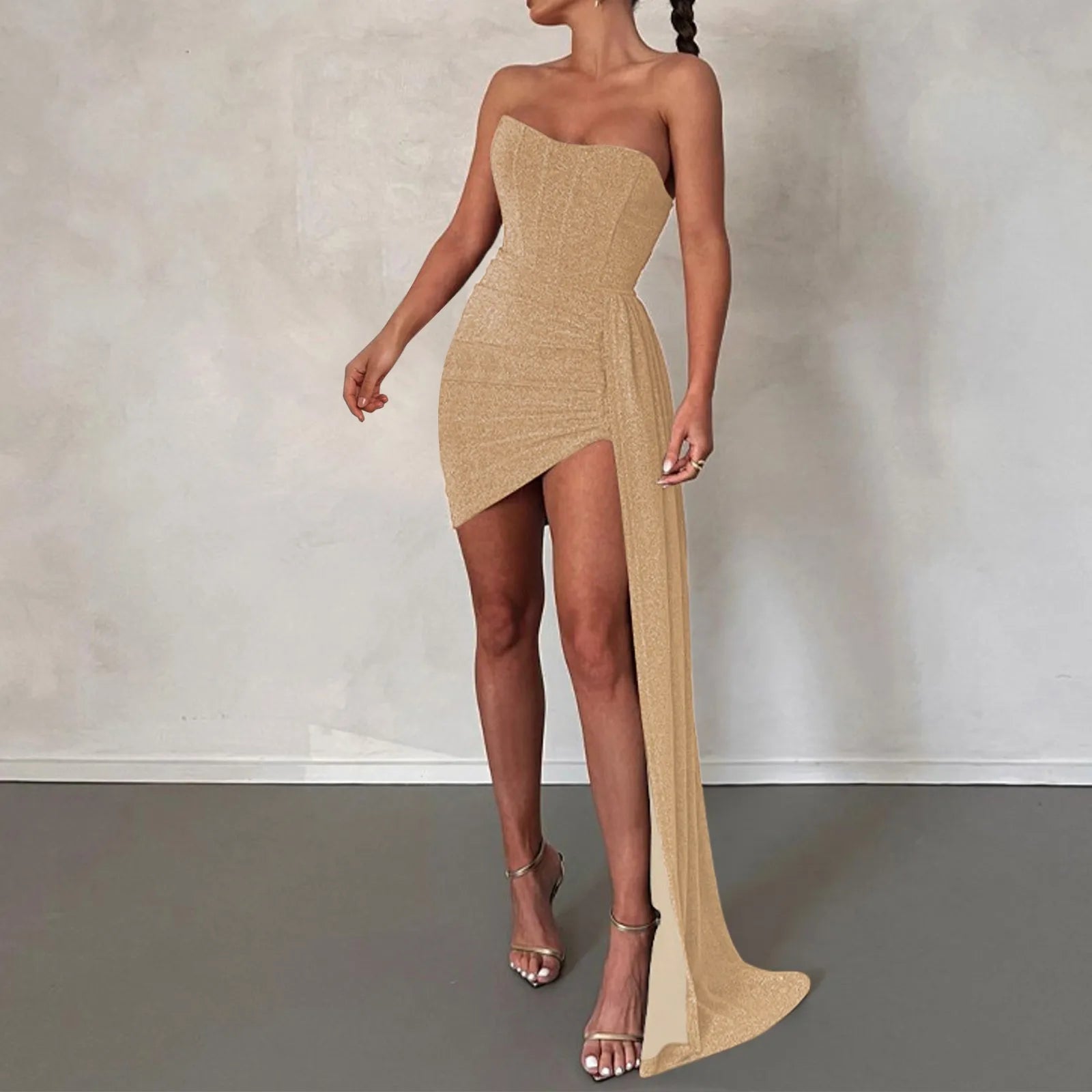 Strapless High-Slit Evening Dress