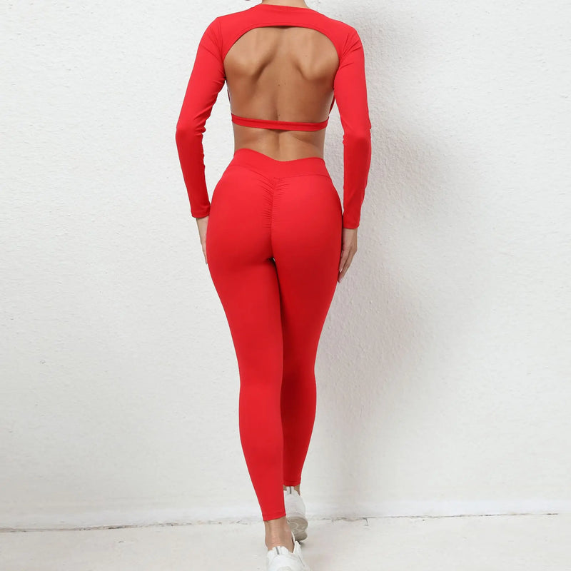 Open Back Long Sleeve & Ruched Leggings Set