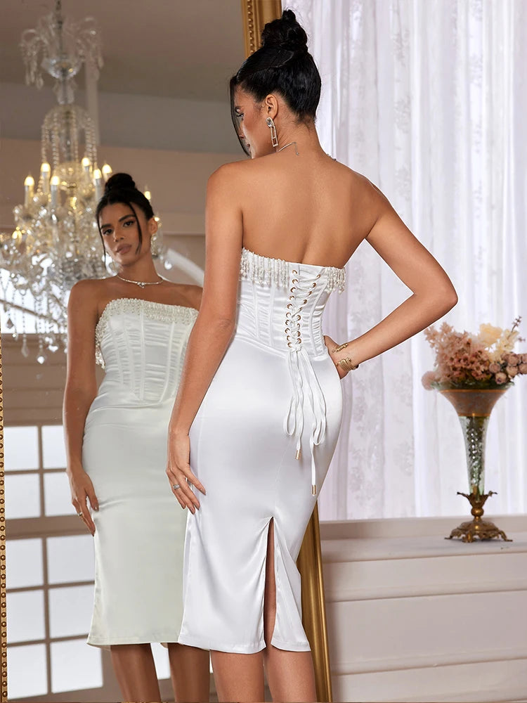 Strapless Satin Midi Dress