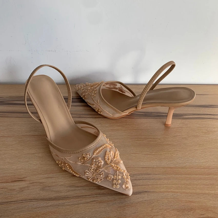 Embroidered Slingback Kitten Heels