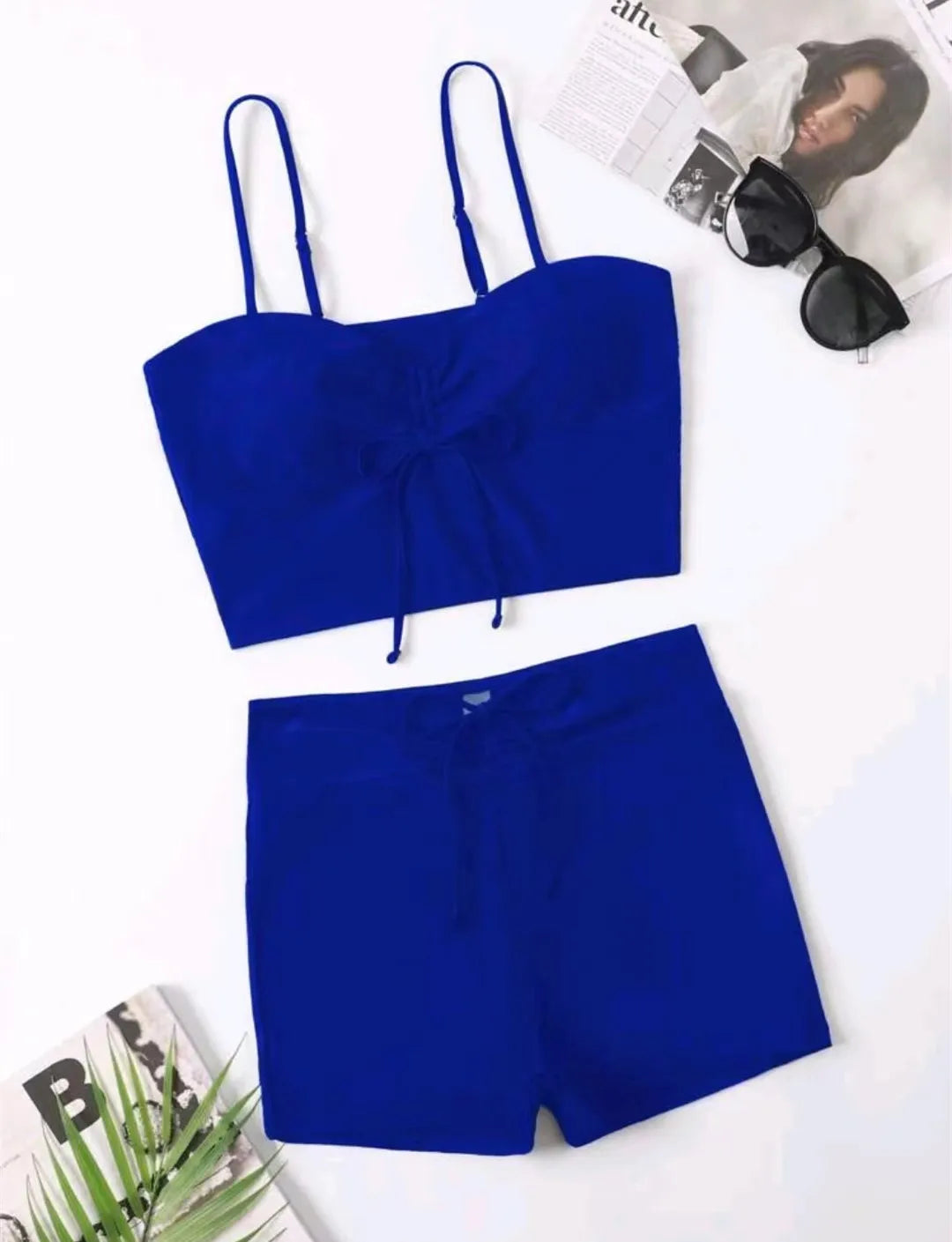 Striped Drawstring Bikini Set with Shorts