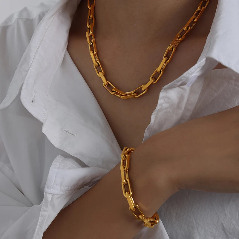 Gold Link Chain Necklace & Bracelet Set