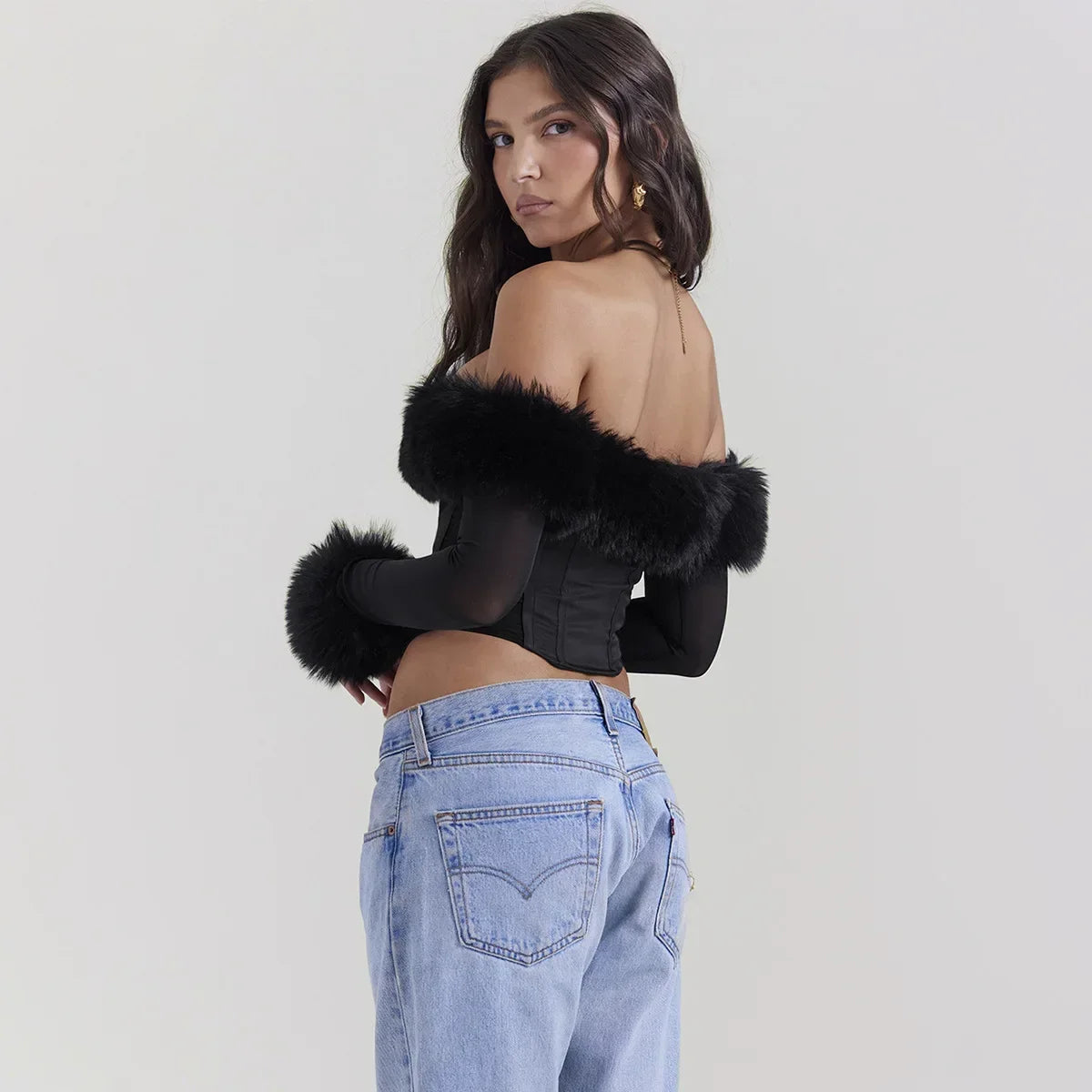 Feather Trim Corset Top