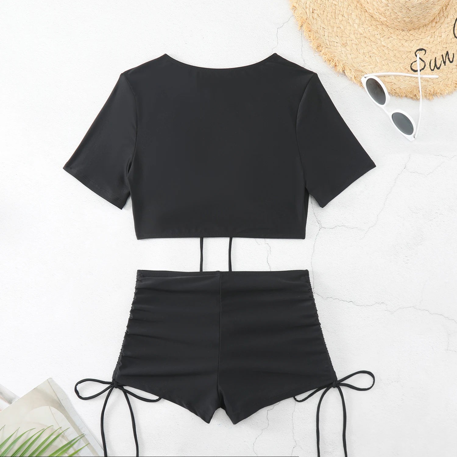 Ruched Tie-Front Bikini Set with High-Waist Bottoms