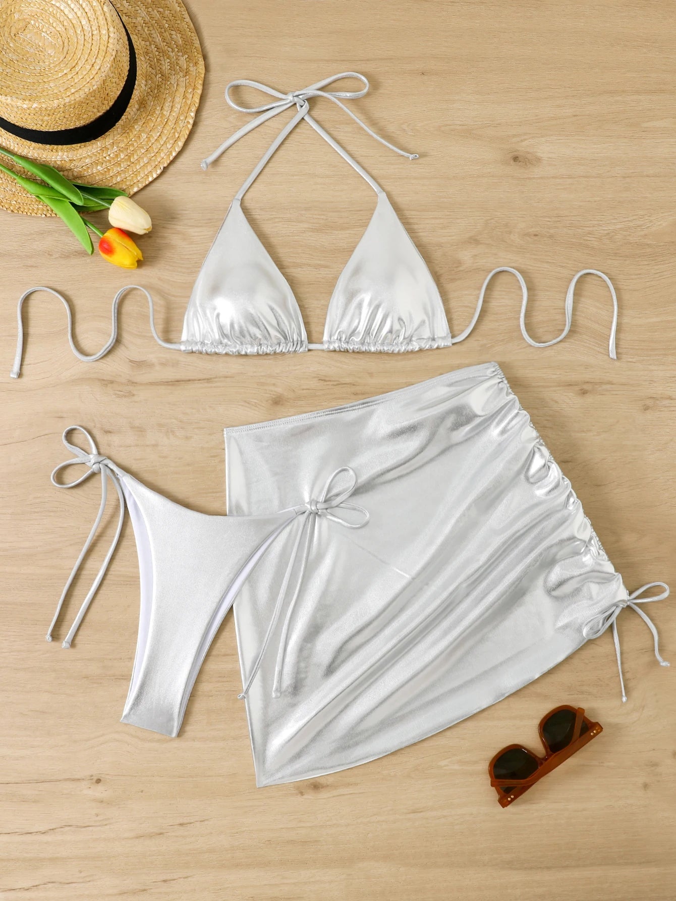 Glossy Triangle Bikini with Ruched Skirt