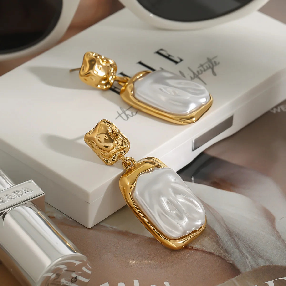 Molten Baroque Pearlescent Rectangle Drop Earrings