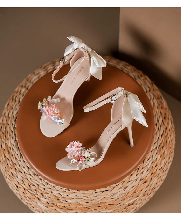 Floral Bow Ankle Strap Heels