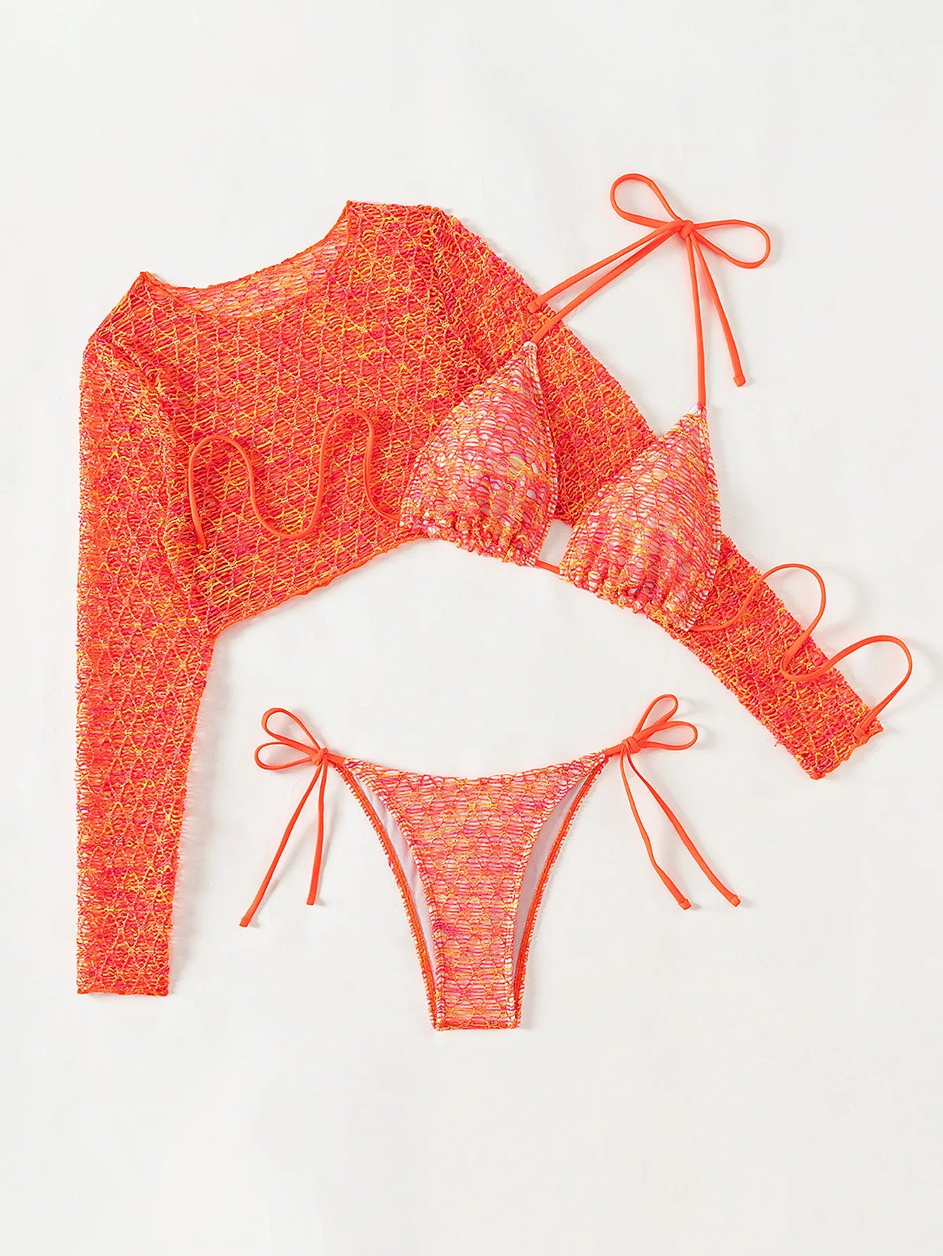 Neon Fishnet Long Sleeve Bikini Set