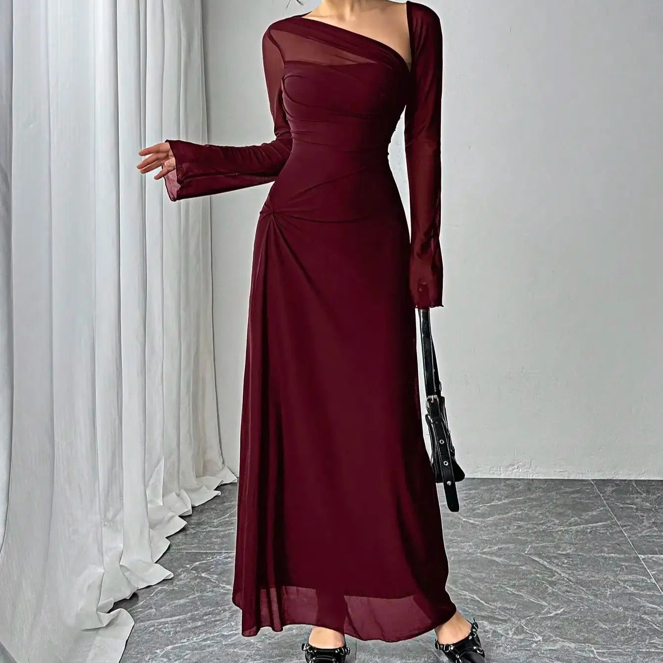 Asymmetrical Sheer Sleeve Evening Gown