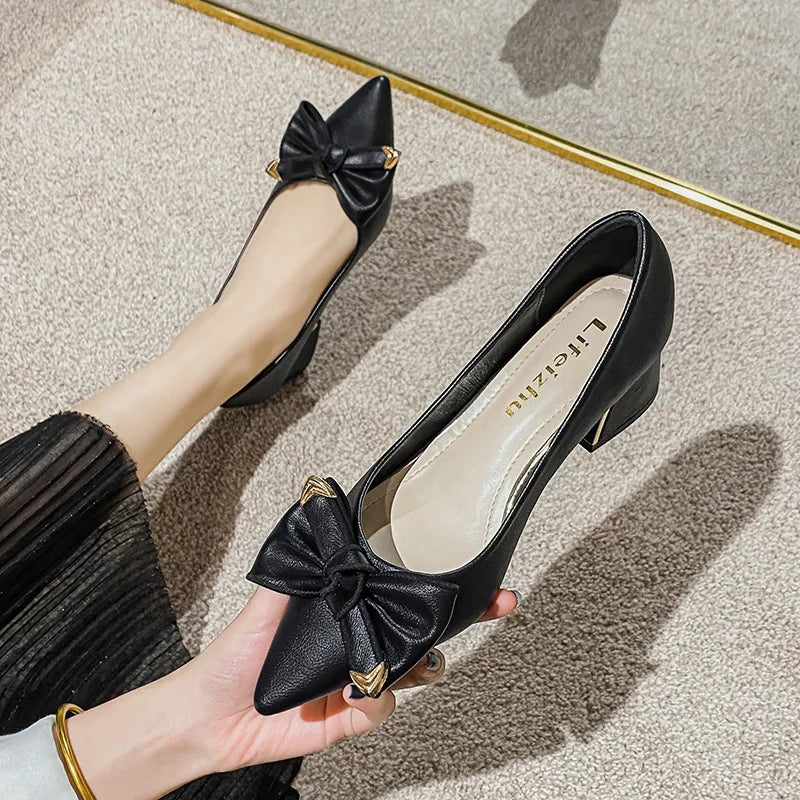 Bow Accent Block Heel Pumps
