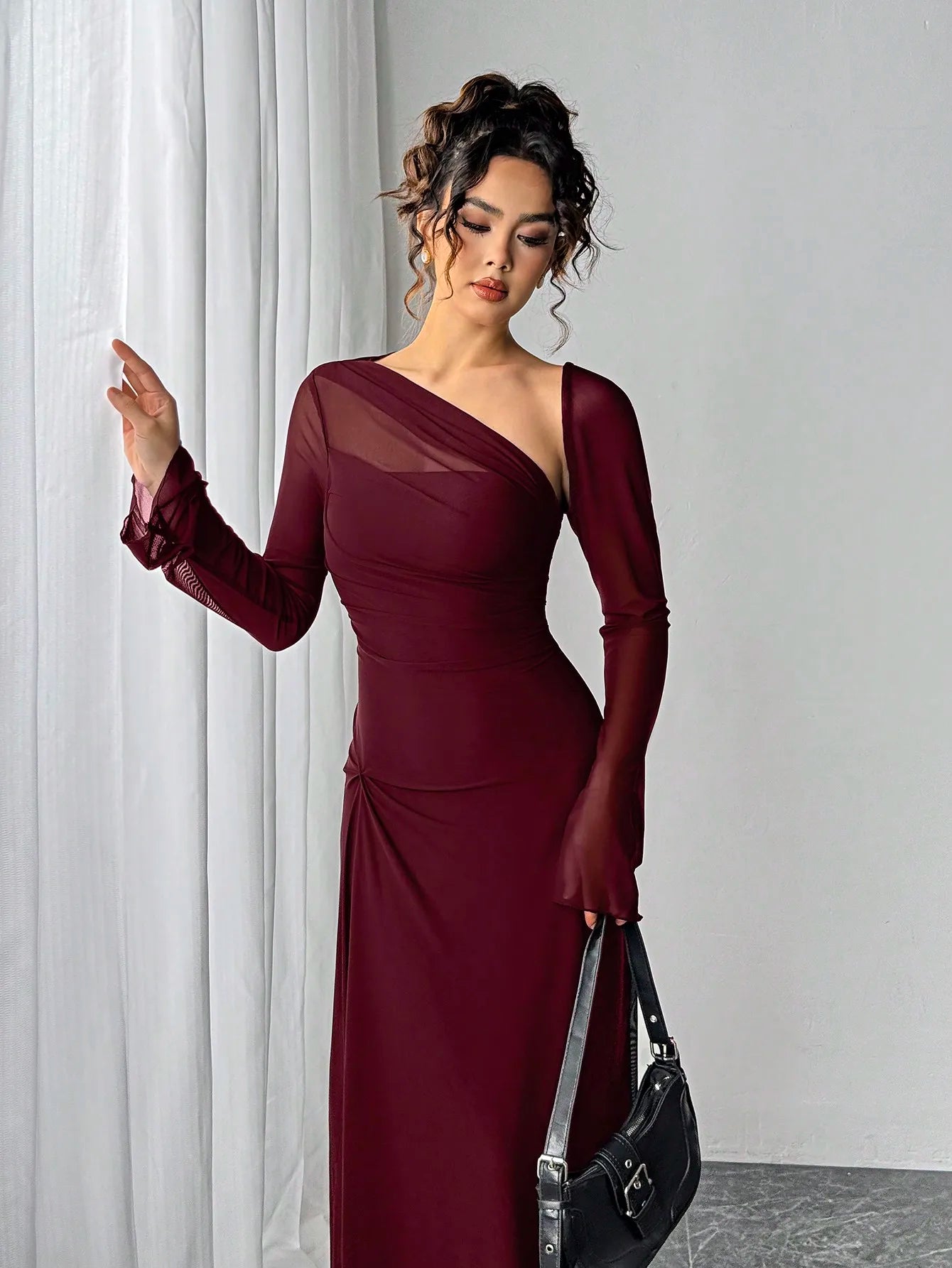 Asymmetrical Sheer Sleeve Evening Gown