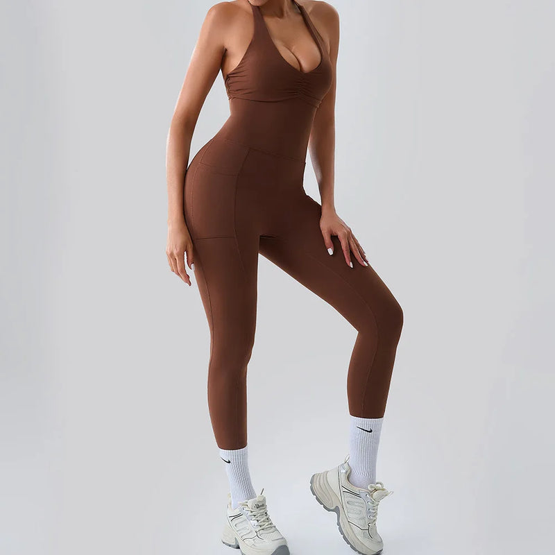 Halter Neck Pocket Athletic Jumpsuit