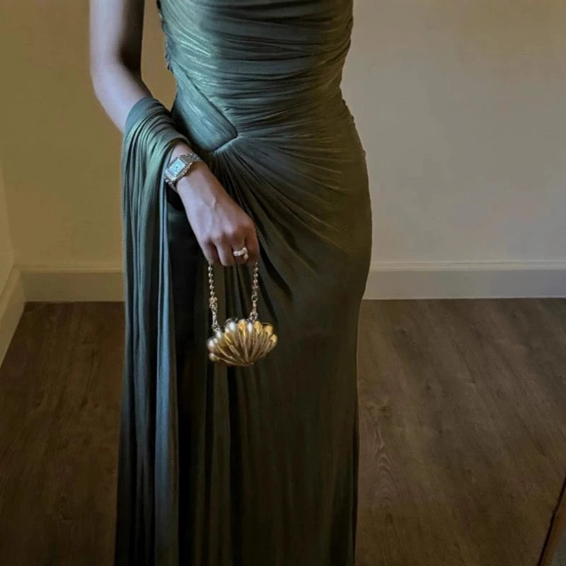 Elegant Olive Green One-Shoulder Draped Evening Gown