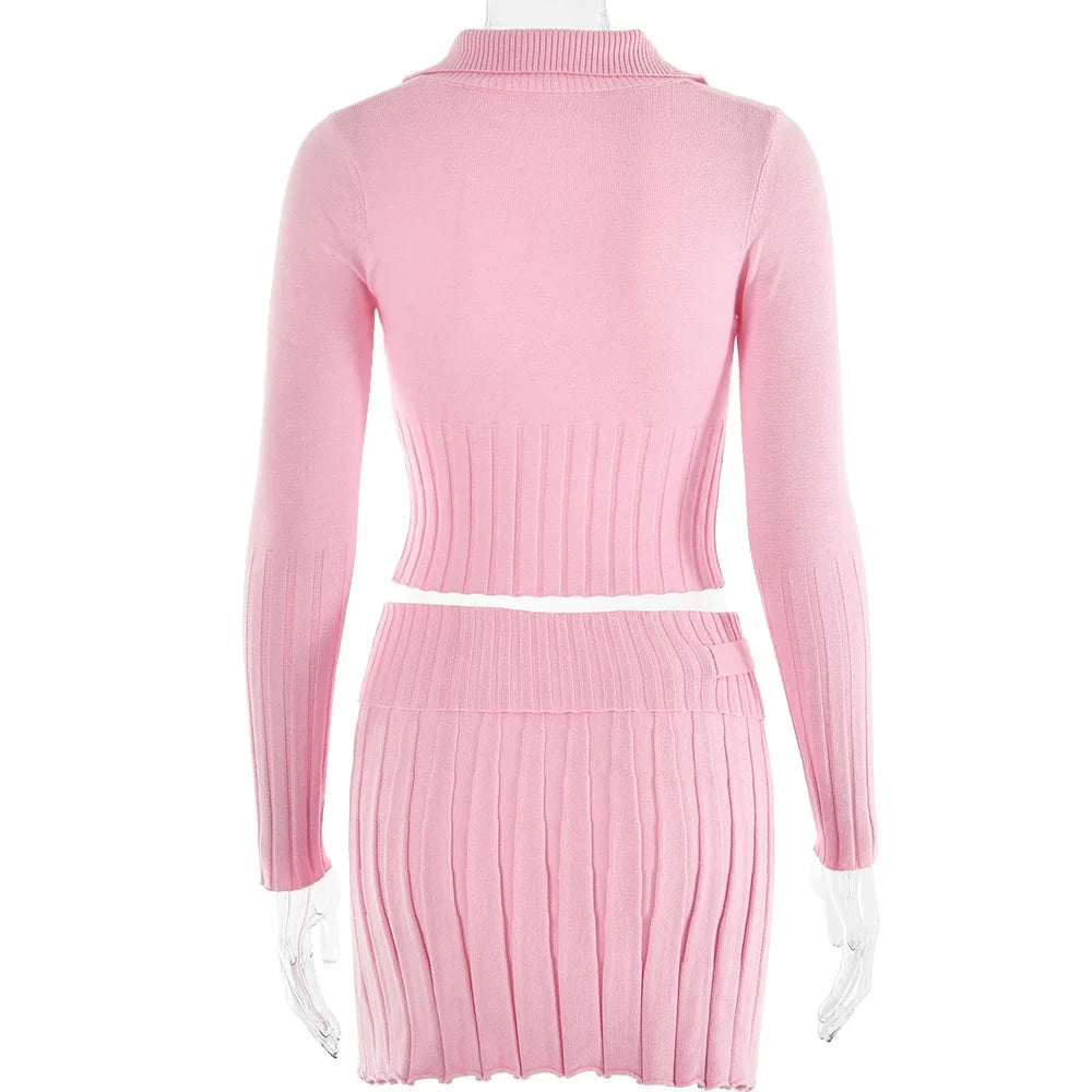Ribbed Knit Zipper Top & Pleated Skirt Set