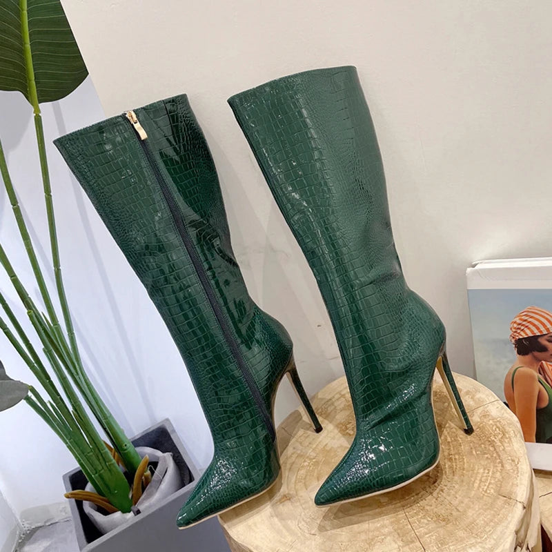 Knee-High Faux Croc Stiletto Boots
