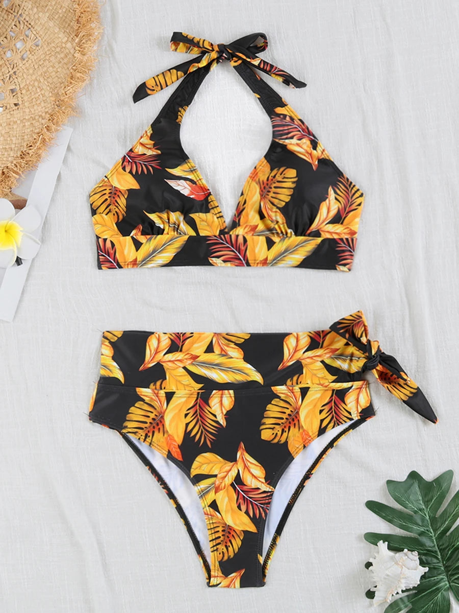 Swirl High-Waist Halter Bikini Set