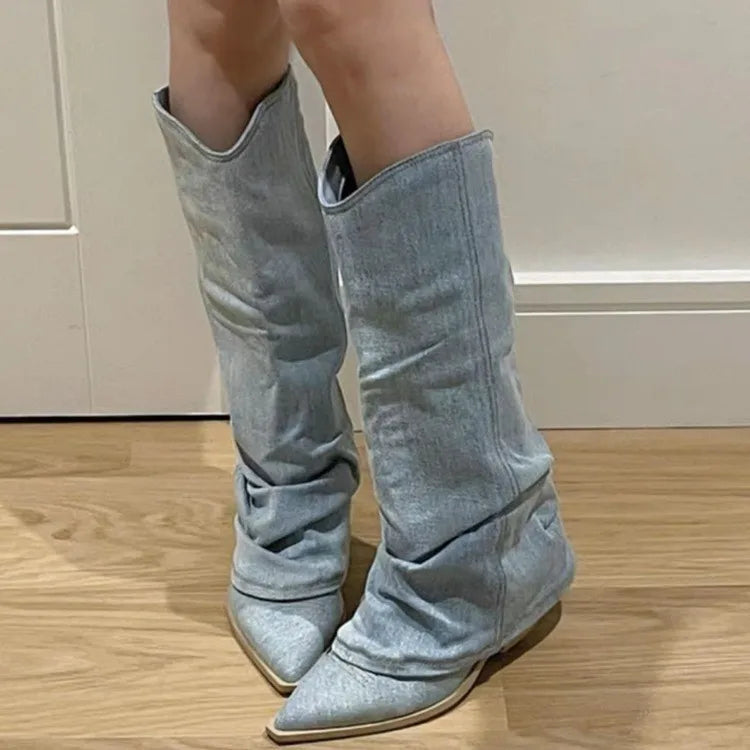 Distressed Denim Pointed Boots