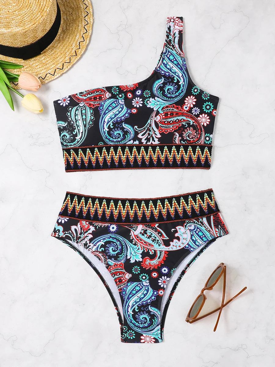 Paisley One-Shoulder Bikini Set